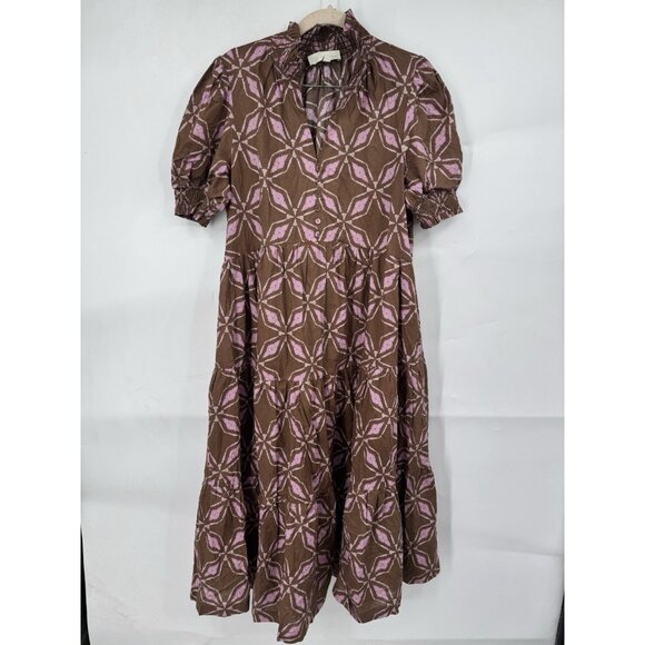 Pinch Printed Midi Dress Women Large Brown Prairie Peasant Boho Cottage Milkmaid - Picture 2 of 12